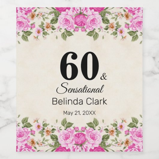 60ste verjaardag met bloemen op mousserende wijn B Wijn Etiket (Enkel label)