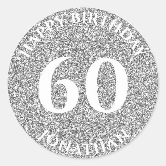 60ste verjaardag met naam Silver Glitter Ronde Sticker (Voorkant)