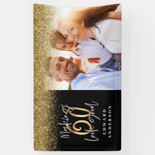 60ste verjaardag moderne foto van zwart en goud spandoek (Verticaal)