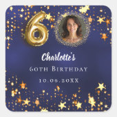 60ste verjaardag navyblauw gouden sterren foto vierkante sticker (Voorkant)