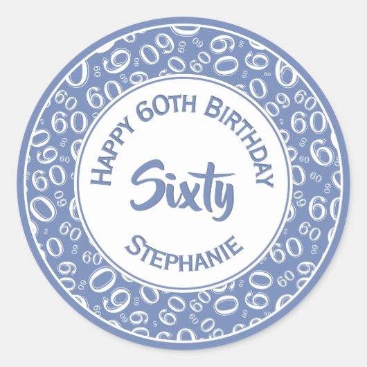 60ste Verjaardag Nummer Patroon 60 Blauw en Wit Ronde Sticker (Voorkant)