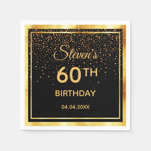 60ste verjaardag op klassiek zwart gouden confetti servet (Voorkant)