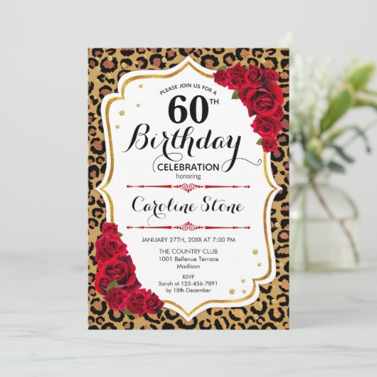 60ste verjaardag - Red Gold Luipaard Print Kaart (Staand voorkant)