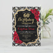 60ste verjaardag - Red Roses Gold Black Damask Kaart (Staand voorkant)