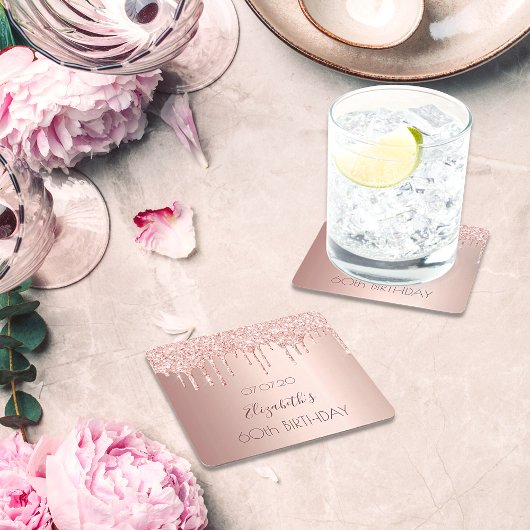 60ste verjaardag: roos goud glitter druppelt naam kartonnen onderzetters