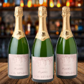 60ste verjaardag: roos goud glitter druppelt naam sparkling wijnetiket