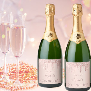 60ste verjaardag: roos goud glitter druppelt naam sparkling wijnetiket