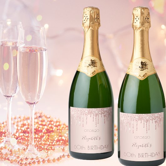 60ste verjaardag: roos goud glitter druppelt naam sparkling wijnetiket