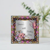 60ste verjaardag Roze bloem vlinder Goud Zilver Kaart (Staand voorkant)