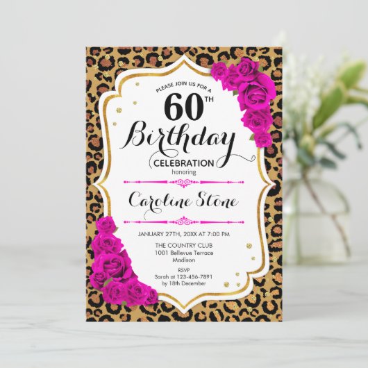 60ste verjaardag - roze gouden luipaard print kaart (Staand voorkant)