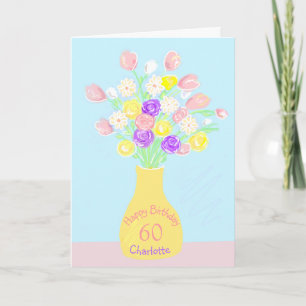 60ste verjaardag roze & paarse bloemenvaas kaart