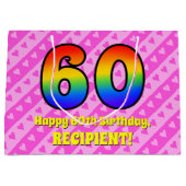 60ste verjaardag: roze strepen & harten, regenboog groot cadeauzakje (Voorkant)