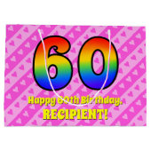 60ste verjaardag: roze strepen & harten, regenboog groot cadeauzakje (Achterkant)