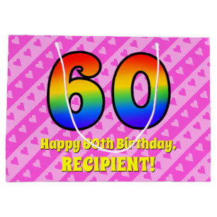 60ste verjaardag: roze strepen & harten, regenboog groot cadeauzakje