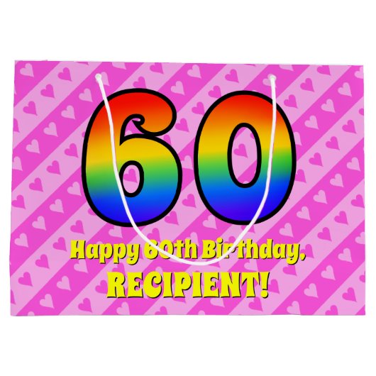 60ste verjaardag: roze strepen & harten, regenboog groot cadeauzakje (Achterkant)