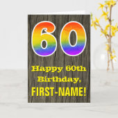 60ste verjaardag: Rustic Faux Wood Kijk, regenboog Kaart (Gele Bloem)