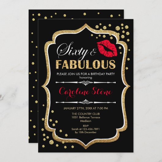 60ste verjaardag - Sixty Fabulous Goud Zwart Rood Kaart (Voorkant / Achterkant)