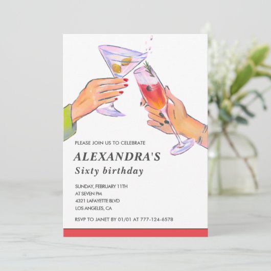 60ste verjaardag uitnodigingen haar Cocktail Fun P (Staand voorkant)
