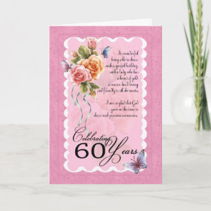 60ste verjaardag wenskaart - rozen en vlinders kaart