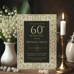 60ste verjaardag Zwart Goud Bloemen Elegant Vintag Kaart