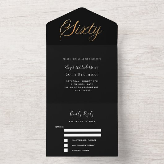 60ste verjaardag zwart goud script RSVP All In One Uitnodiging (Binnen)