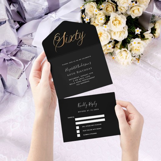 60ste verjaardag zwart goud script RSVP All In One Uitnodiging