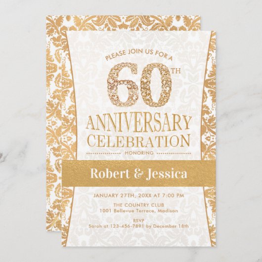 60ste Verjaardagsfeest - Goud Wit Kaart (Voorkant / Achterkant)