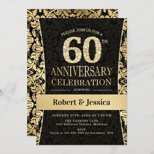 60ste verjaardagsfeest - Goud Zwart Kaart (Voorkant / Achterkant)