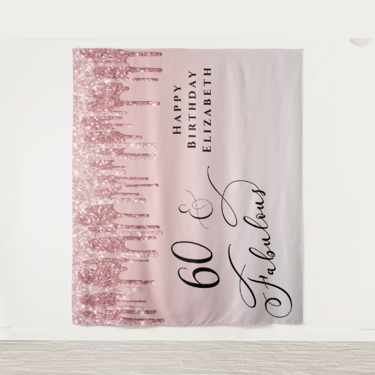 60ste verjaardagsfeest Roze Roze Goud Glitter Wandkleed (Voorkant)