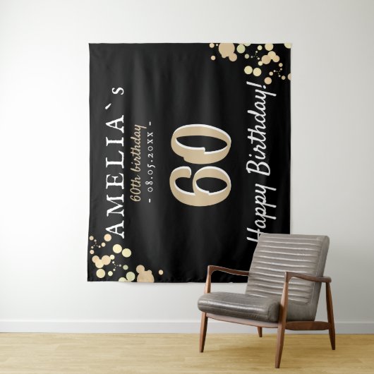 60ste Verjaardagsfeest Zwart Gouden Achtergrond Wandkleed (In situ)