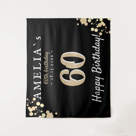 60ste Verjaardagsfeest Zwart Gouden Achtergrond Wandkleed (Voorkant)