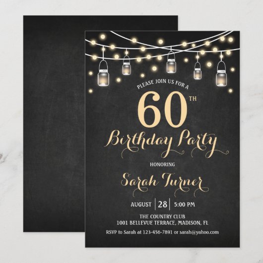 60ste verjaardagsfeestje - Chalkboard Gold Kaart (Voorkant / Achterkant)