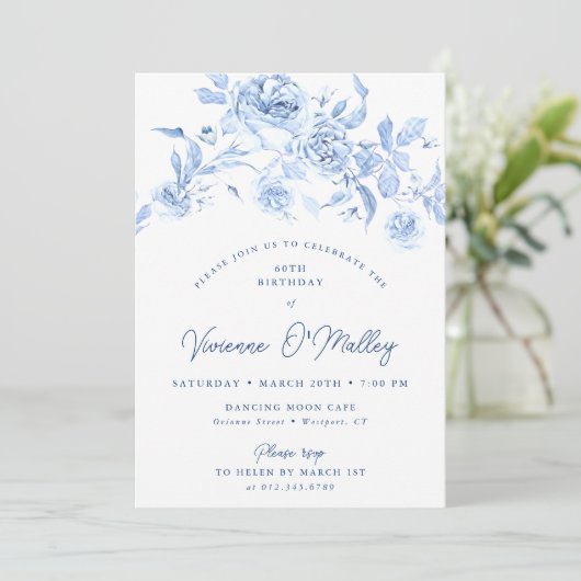 60ste verjaardagsfeestje Dusty Blue Floral Kaart (Staand voorkant)