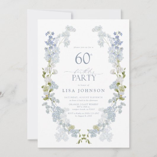 60ste verjaardagsfeestje Elegant Stoffig Blauw Blo Kaart (Voorkant)