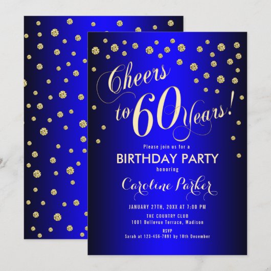 60ste verjaardagsfeestje - Gold Royal Blue Kaart (Voorkant / Achterkant)