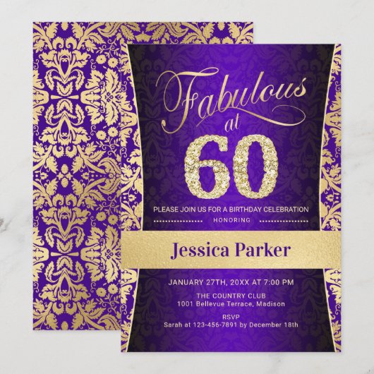 60ste verjaardagsfeestje - Goud Paarse Kaart (Voorkant / Achterkant)