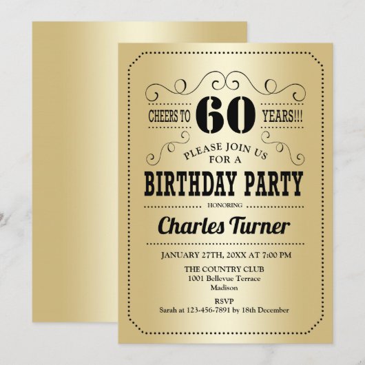60ste verjaardagsfeestje - Goud Zwart Kaart (Voorkant / Achterkant)