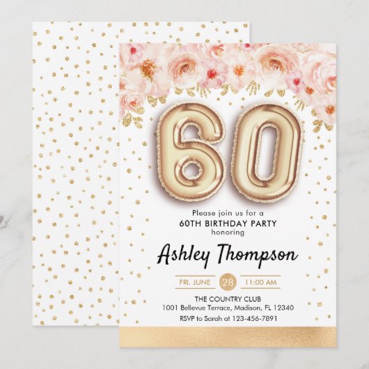 60ste verjaardagsfeestje - gouden ballonnen kaart (Voorkant / Achterkant)