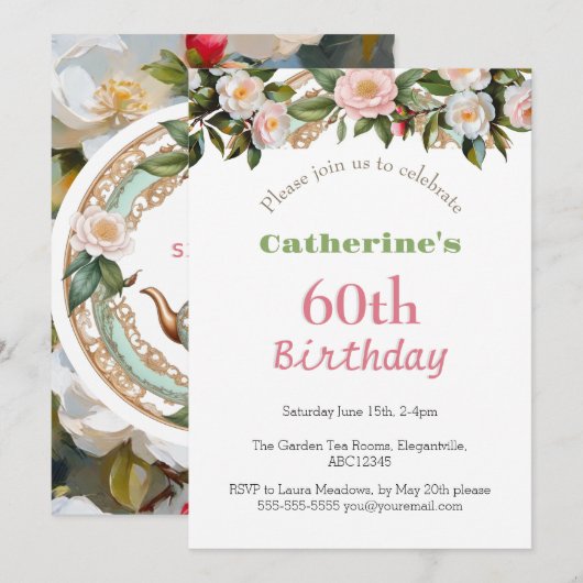60ste verjaardagsfeestje namiddag thee bloemig kaart (Voorkant / Achterkant)