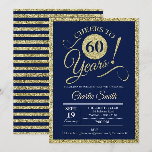 60ste verjaardagsfeestje - Navy Gold ELK JAAR Kaart (Voorkant / Achterkant)