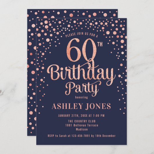 60ste verjaardagsfeestje - Navy & Roos Gold Kaart (Voorkant / Achterkant)