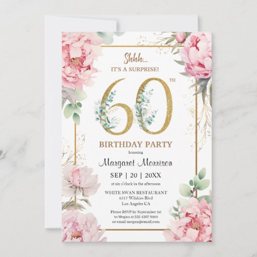 60ste verjaardagsfeestje roze pioen elegante bloem kaart (Voorkant)