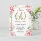 60ste verjaardagsfeestje roze pioen elegante bloem kaart (Staand voorkant)