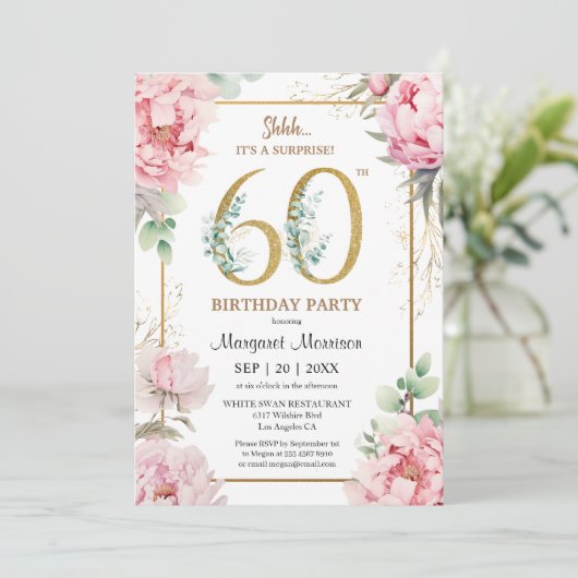 60ste verjaardagsfeestje roze pioen elegante bloem kaart (Staand voorkant)