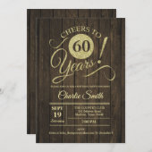 60ste verjaardagsfeestje - rustiek hout goud kaart (Voorkant / Achterkant)