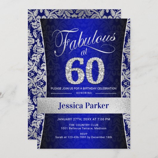60ste verjaardagsfeestje - Silver Royal Blue Kaart (Voorkant / Achterkant)