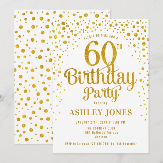 60ste verjaardagsfeestje - Wit & Goud Kaart (Voorkant / Achterkant)
