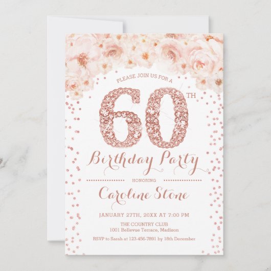 60ste verjaardagsfeestje - Wit Rose Gold Kaart (Voorkant)