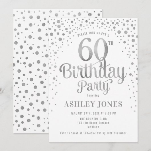 60ste verjaardagsfeestje - Wit & Zilver Kaart (Voorkant / Achterkant)