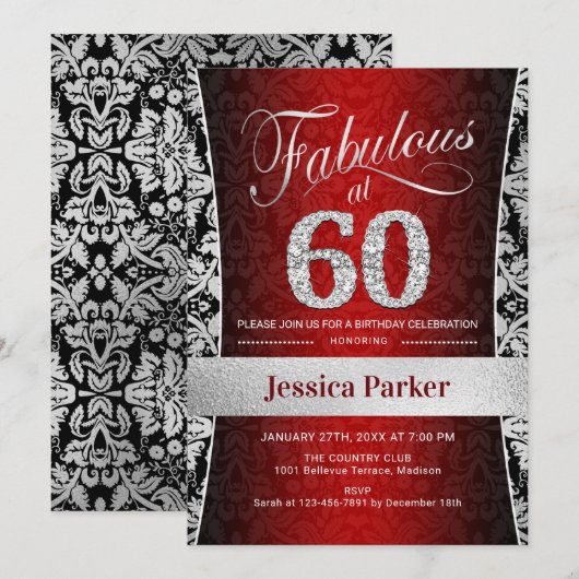 60ste verjaardagsfeestje - Zilver Rood Zwart Kaart (Voorkant / Achterkant)